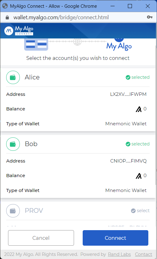 Select wallet in MyAlgoWallet